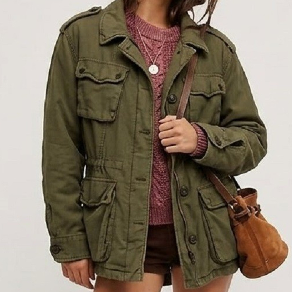 Free People We The Free Military Field Jacket Olive Green Oversized Utility LG
